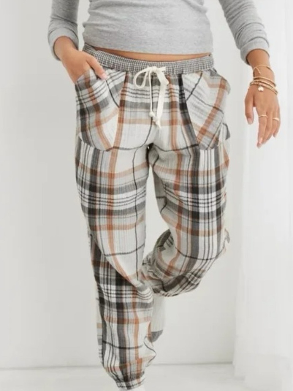 Aerie Women Sz S ShortPlaid Cozy Lounge High Rise Soft Gauze Pajama Jogger Pants